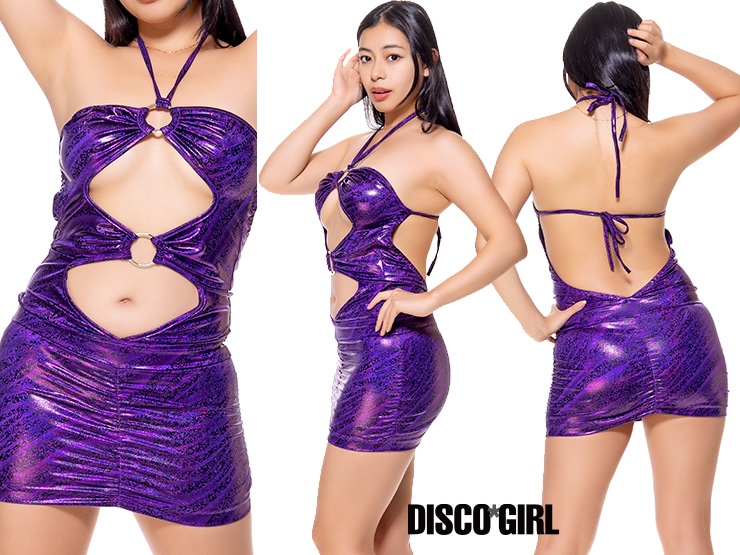 Oリングフロントオープンボディコン・ラメウェーブゼブラパープル