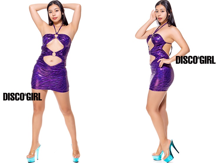 Oリングフロントオープンボディコン・ラメウェーブゼブラパープル