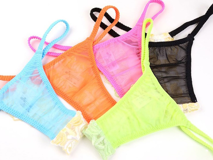 【ユニセックス】花刺繍バックレースメッシュTバックショーツ・グリーン