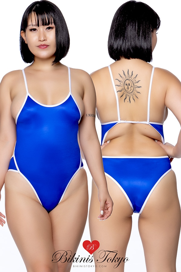 スーパーウェット素材ウエスト切り替えハーフバックレオタード・ブルー