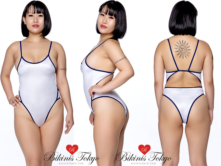 スーパーウェット素材ウエスト切り替えハーフバックレオタード・ホワイト