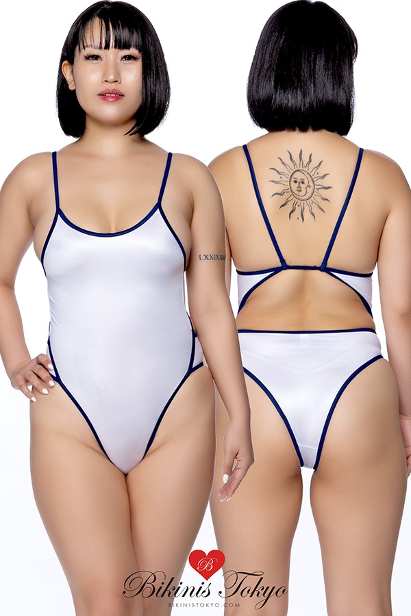 スーパーウェット素材ウエスト切り替えハーフバックレオタード・ホワイト