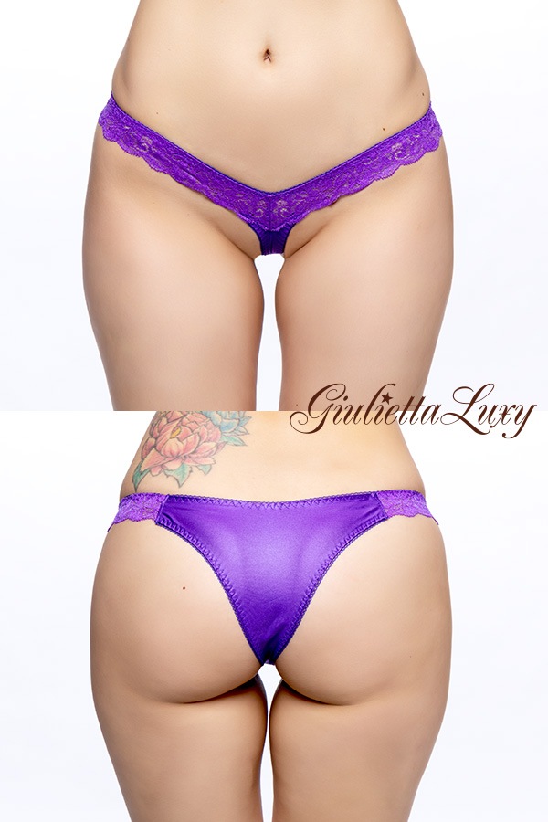 光沢フェリカ素材レースTフロントハーフバックショーツ・パープル