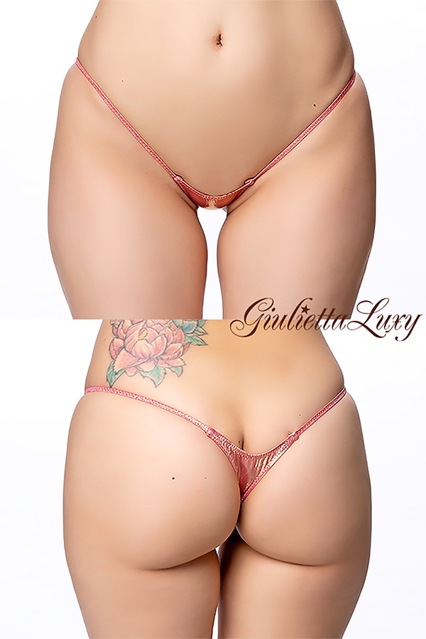 ギラギラシースルー極小マイクロTバックショーツ・ピンクゴールドラメ