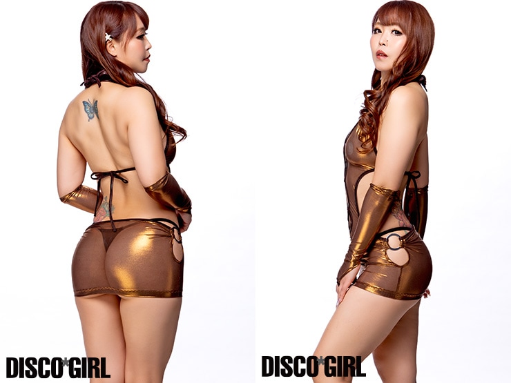 フロント＆サイドリング付きマイクロミニ ボディコン・ラメメッシュブラウンブロンズ