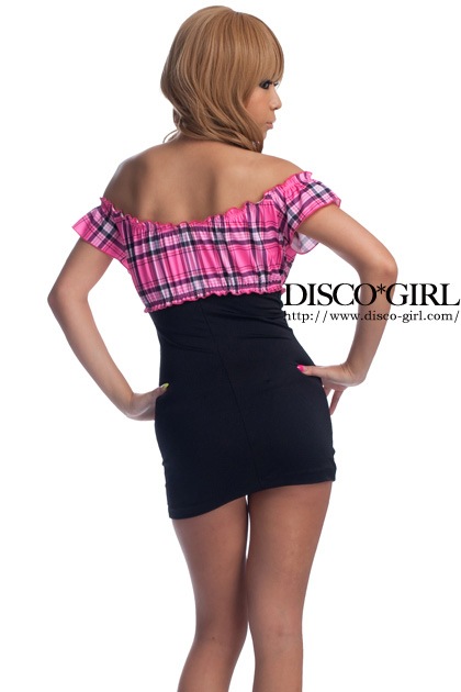 チェック柄オフショルダー ボディコン・レッド