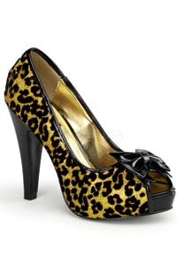 リボン付きカラーレオパードオープントゥパンプス・イエローゴールド