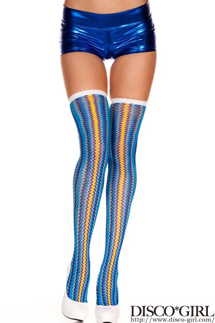 カラフルストライプニーハイ網タイツ・ブルー