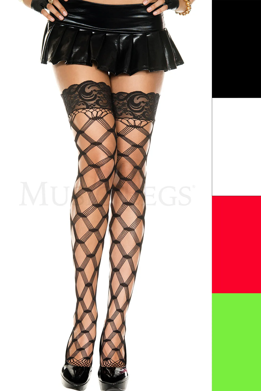 ダイヤモンドクロス編みのレースガーター網タイツ つま先細目仕上げ