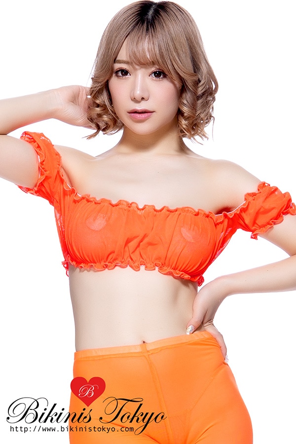 ふりふりオフショルダートップス・オレンジメッシュ