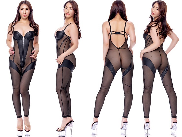 メッシュとフェイクレザーのフロントジッパーキャットスーツ