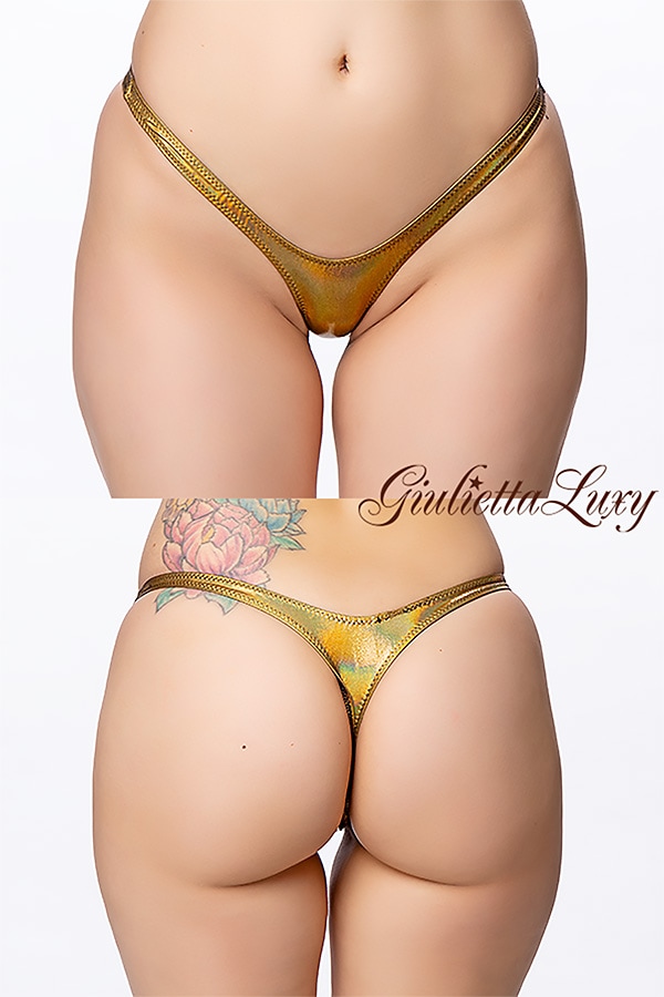 ギラギラシースルーハイレグTバックショーツ・ゴールド虹色ラメ