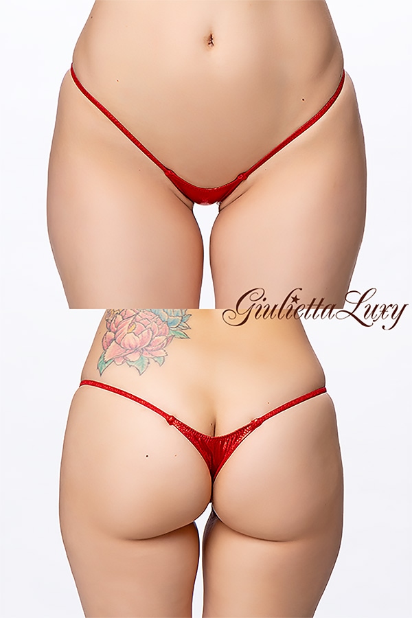 ギラギラシースルー極小マイクロTバックショーツ・レッドラメ