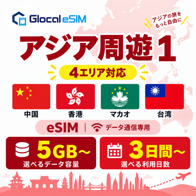 【eSIM】アジア周遊１ (４の国と地域) パッケージプラン [グローカルeSIM]