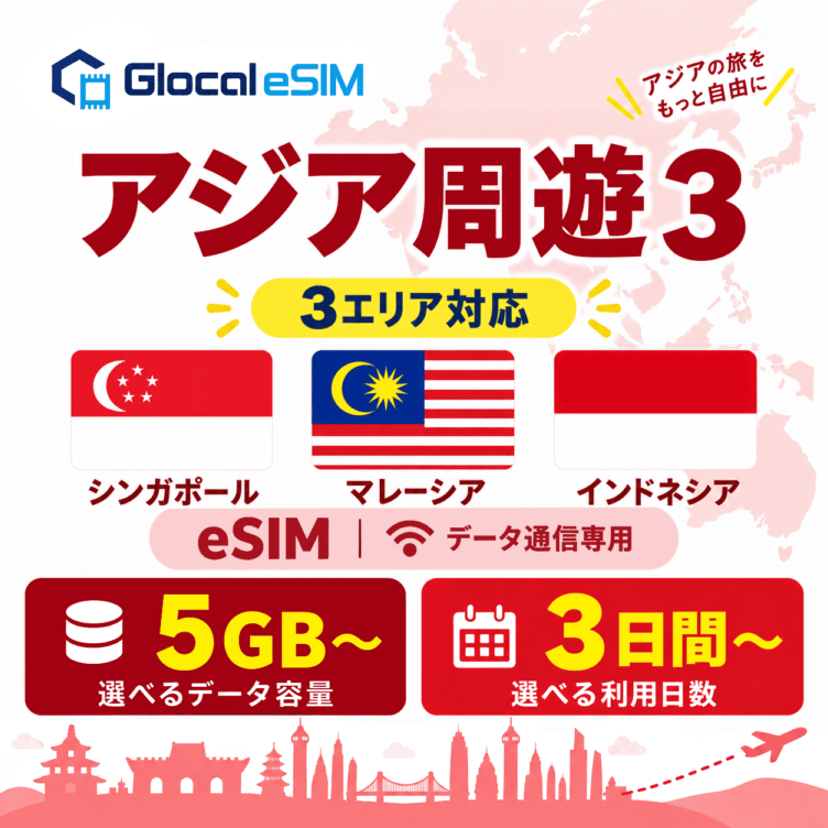 【eSIM】アジア周遊３ (３か国) パッケージプラン [グローカルeSIM]