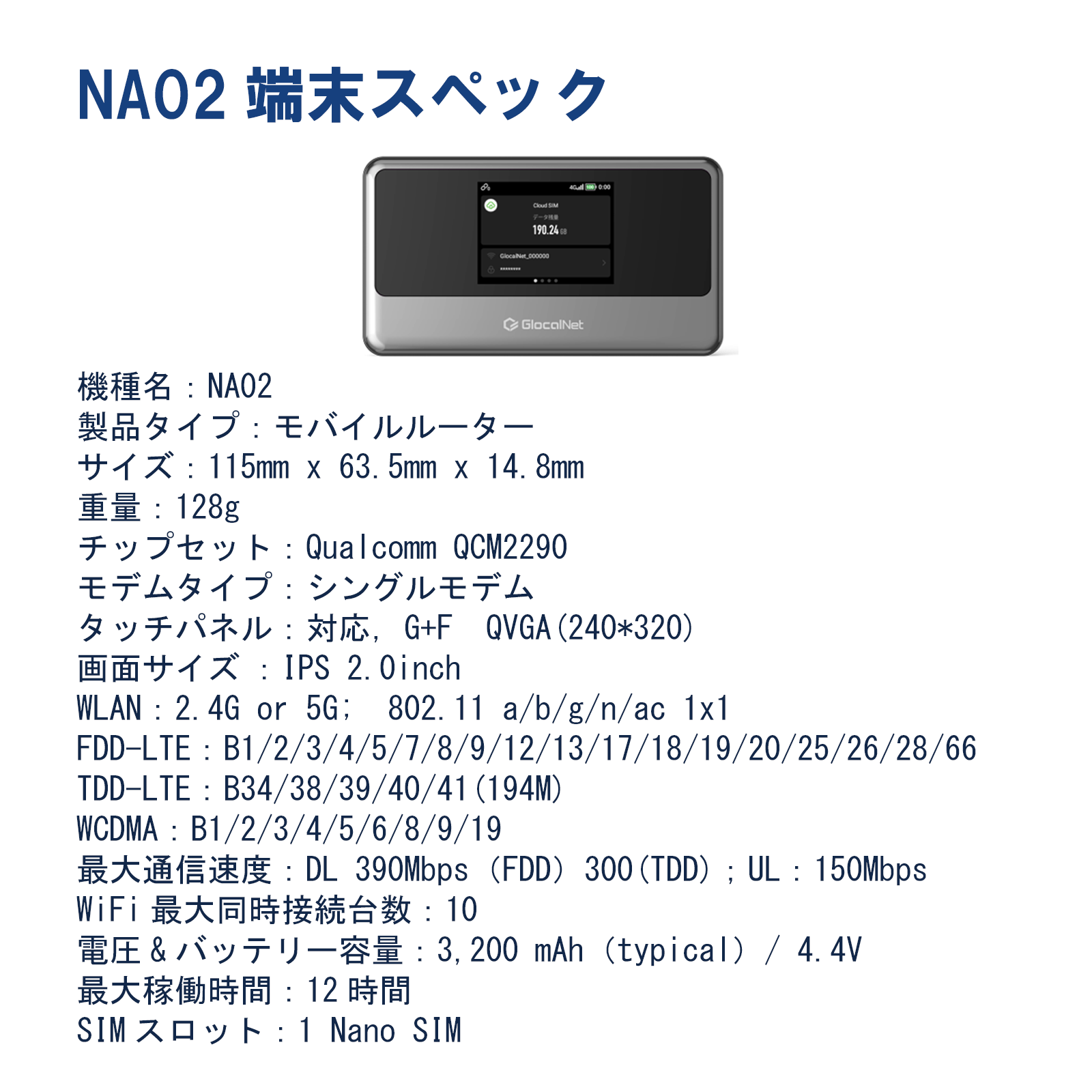 海外旅行対応 クラウドWi-Fiルーター NA02｜SIM不要・即接続モバイルルーター [グローカルネット]