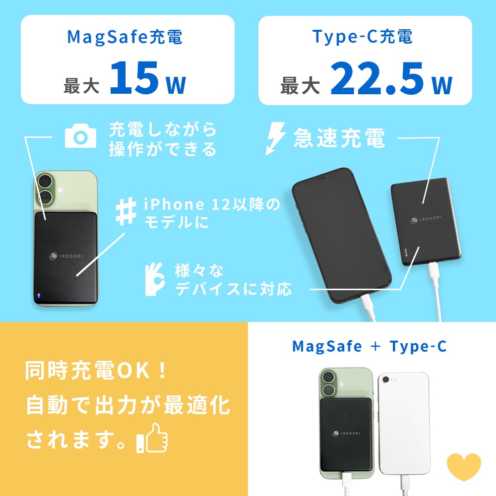 【超薄型】5000mAh MagSafe対応モバイルバッテリー｜ポケットサイズ・2台同時充電・急速対応 [IRODORI]