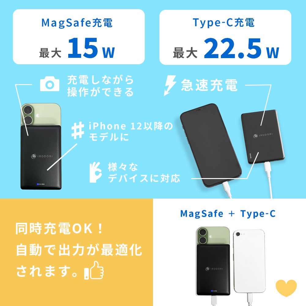 モバイルバッテリー 軽量 小型 急速 充電 Type-Cポート 2台同時