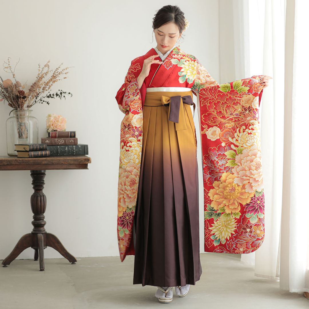  赤　スワトウ菊牡丹 レンタル 振袖袴 R2059