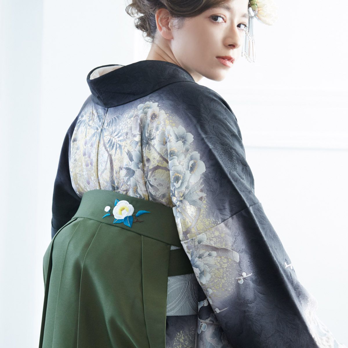  抹茶×後ろ椿刺繍 レンタル 袴単品 P213-S