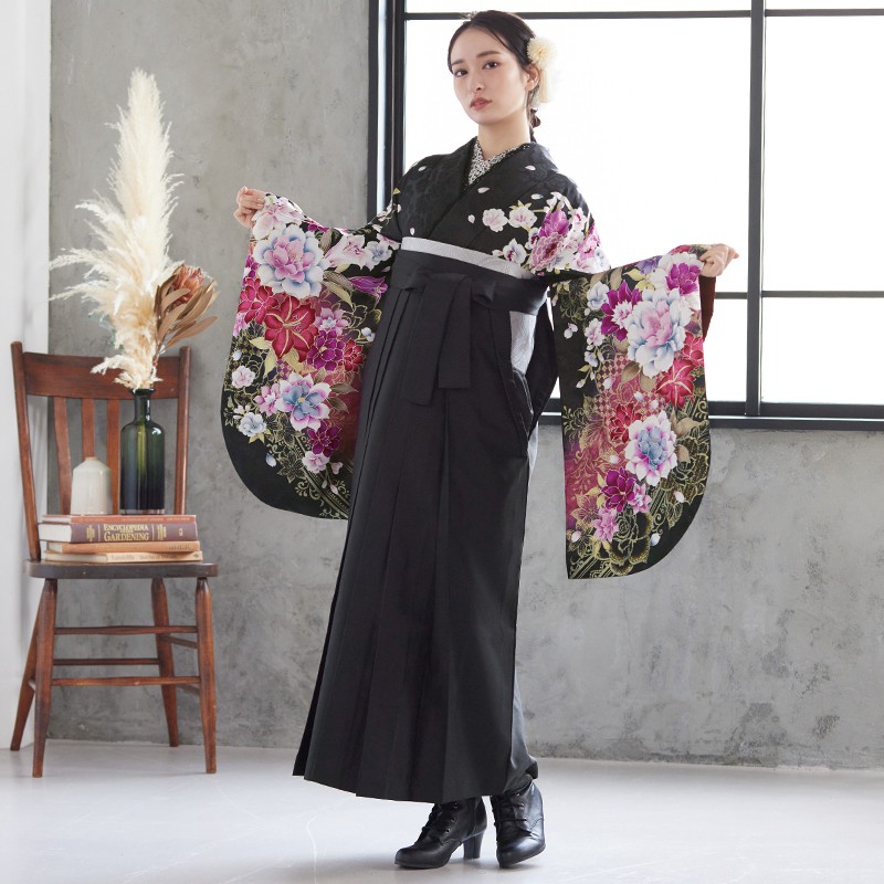  黒　牡丹と百合 レンタル 大学生袴 G474