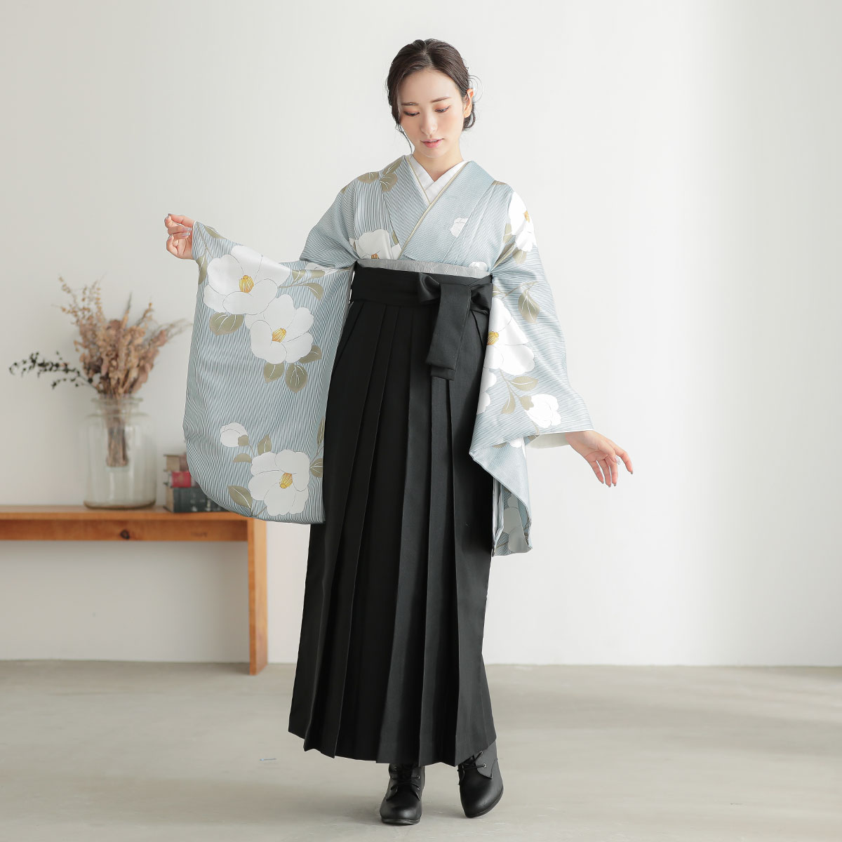  【SALE】 ブルー　万筋椿 レンタル 大学生袴 G1010