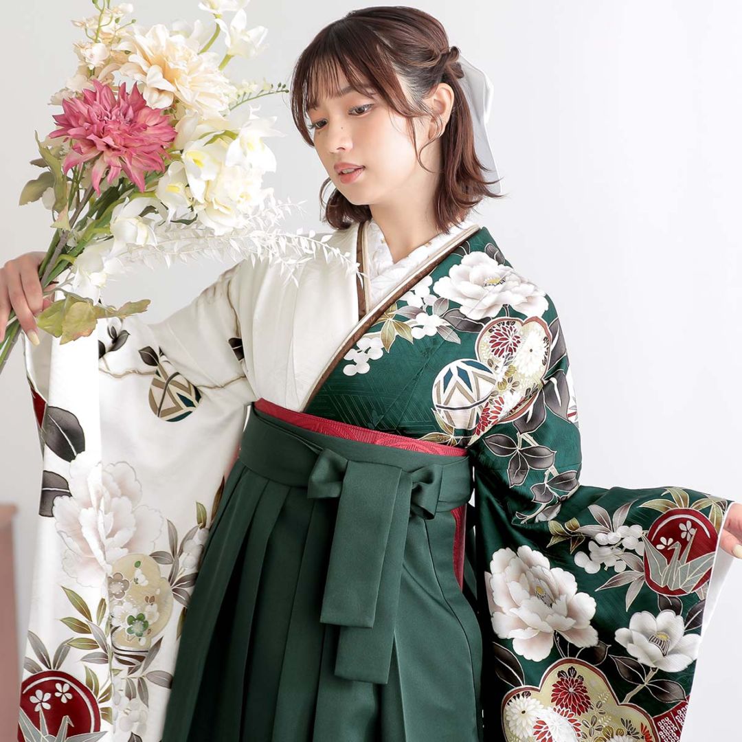 Haru 深緑×白　梅に椿 レンタル 振袖袴 R2201