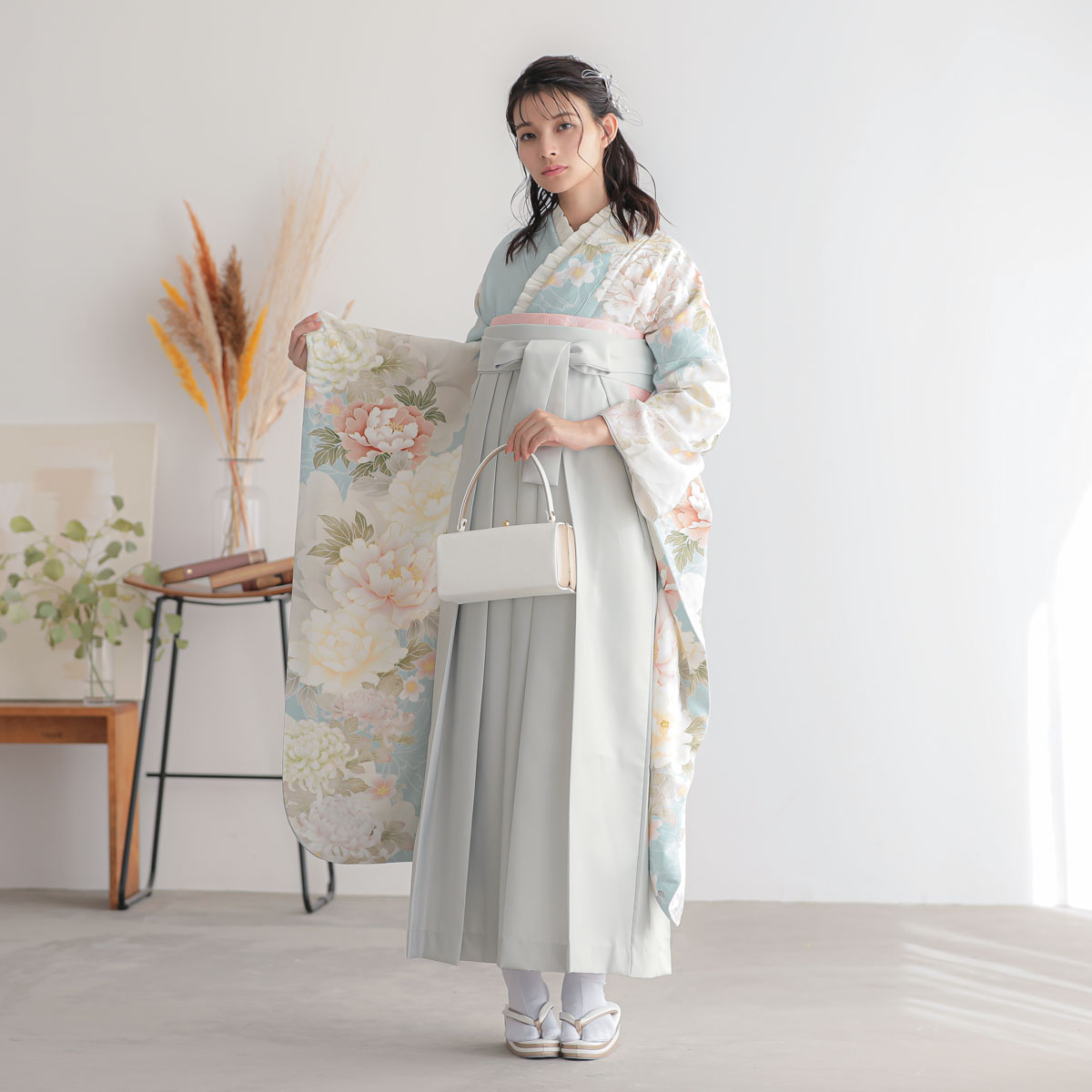  水色　菊に牡丹 レンタル 振袖袴 R2199