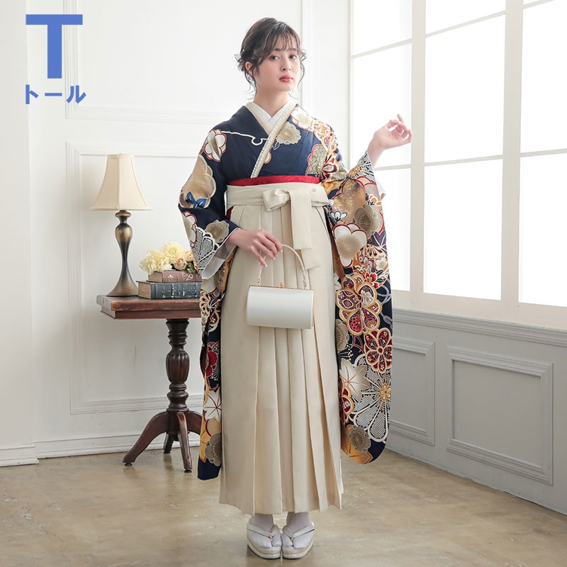  【SALE】 【友禅】紺　梅に楓と手毬 R2009 【トールサイズ】 レンタル 振袖袴 R2190