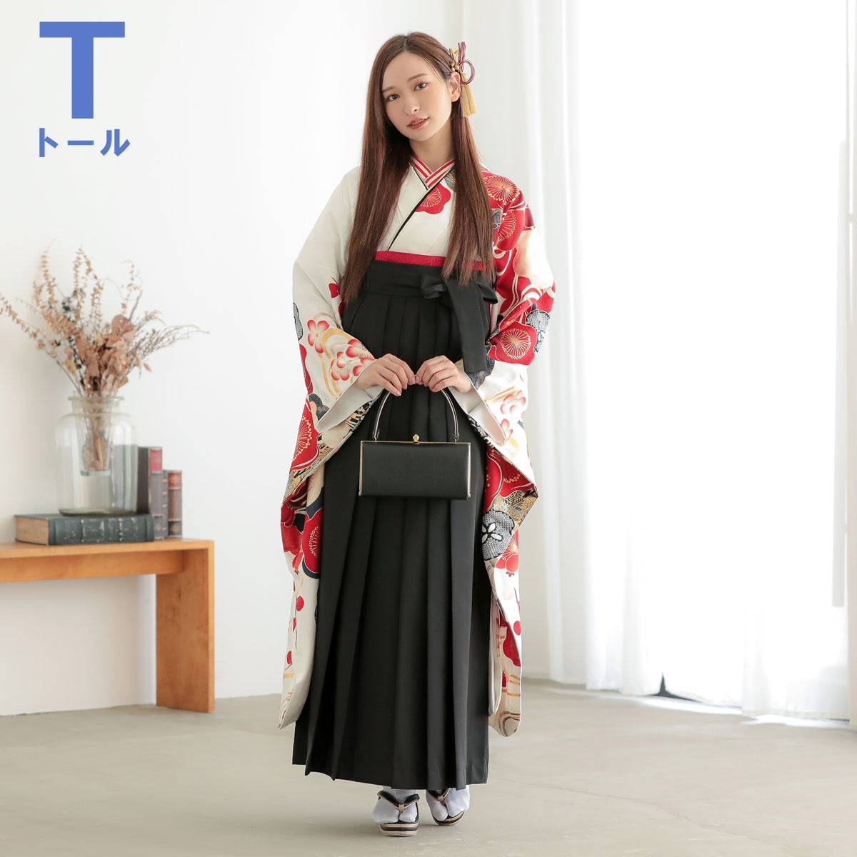  【SALE】 白 道長取りに紅白梅 R2079 【トールサイズ】 レンタル 振袖袴 R2189