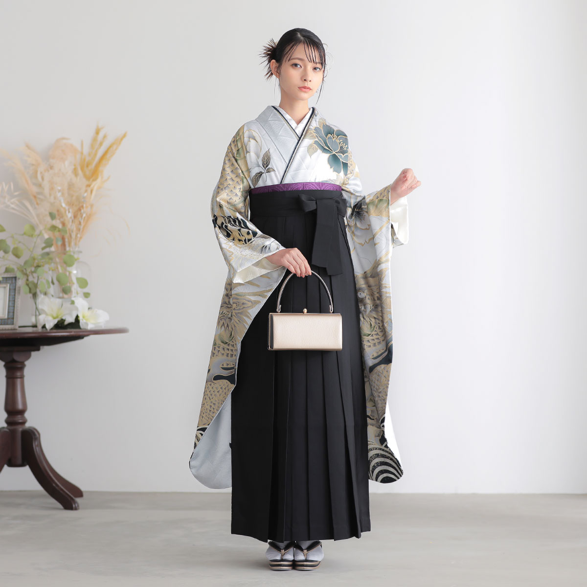 Precious 白灰　桜に龍と荒波 レンタル 振袖袴 R2177