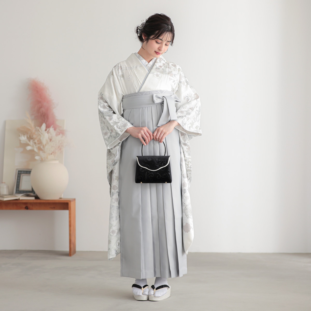  白銀　牡丹に雪輪 レンタル 振袖袴 R2135