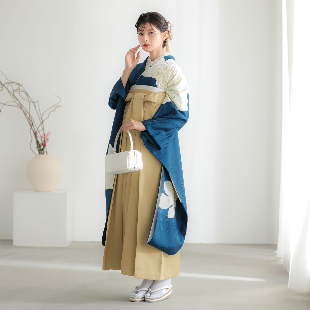  青　大輪牡丹 レンタル 振袖袴 R2124