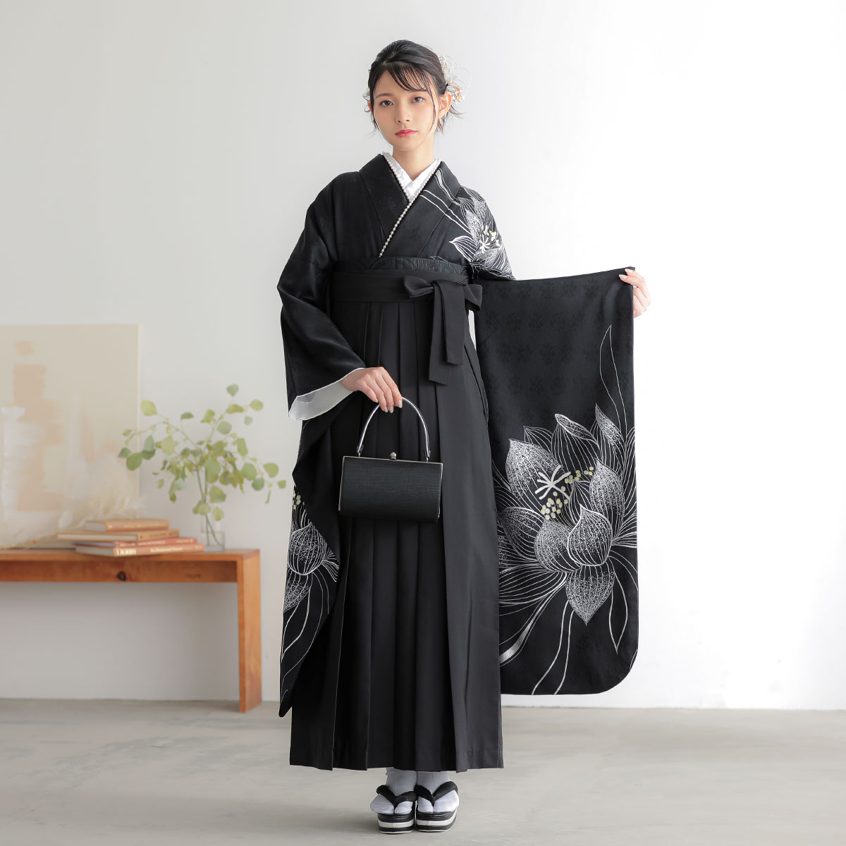 カランコエ 黒　銀月下美人 レンタル 振袖袴 R2116