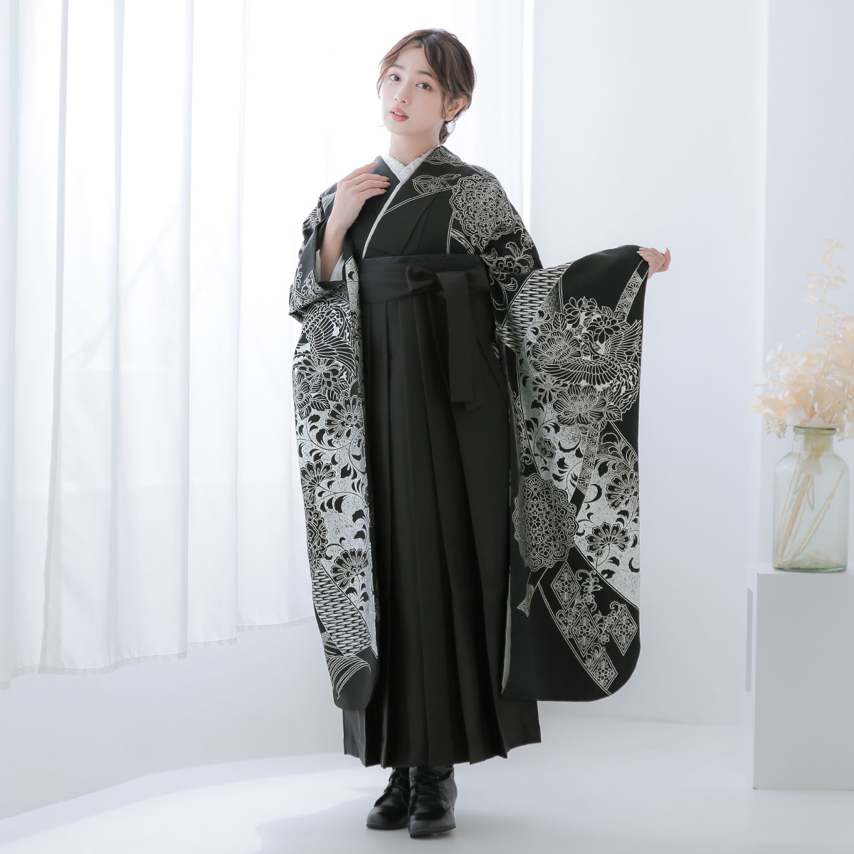  【SALE】 黒　銀箔華文鳳凰 レンタル 振袖袴 R2115
