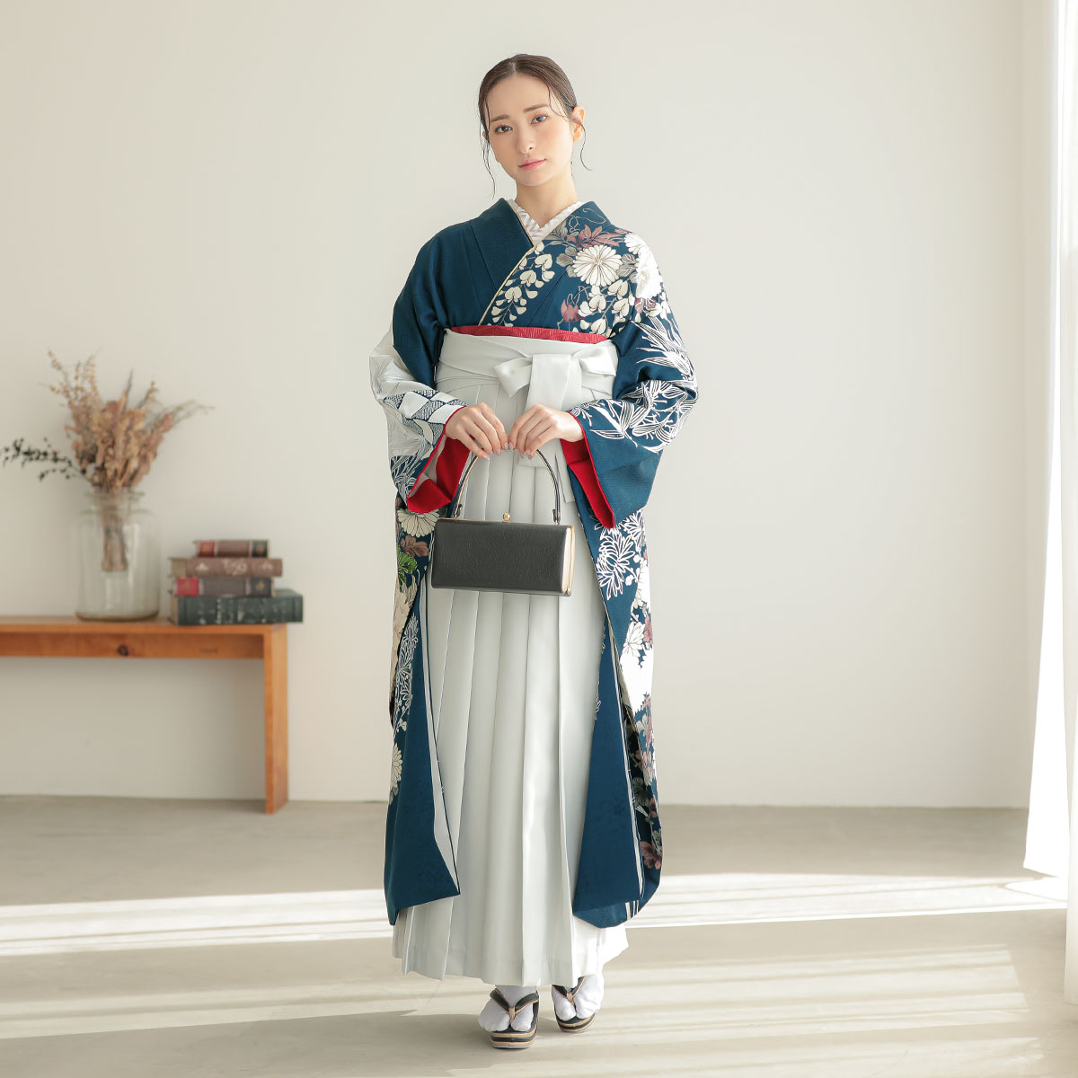  鉄紺　菊牡丹に笹 レンタル 振袖袴 R2114