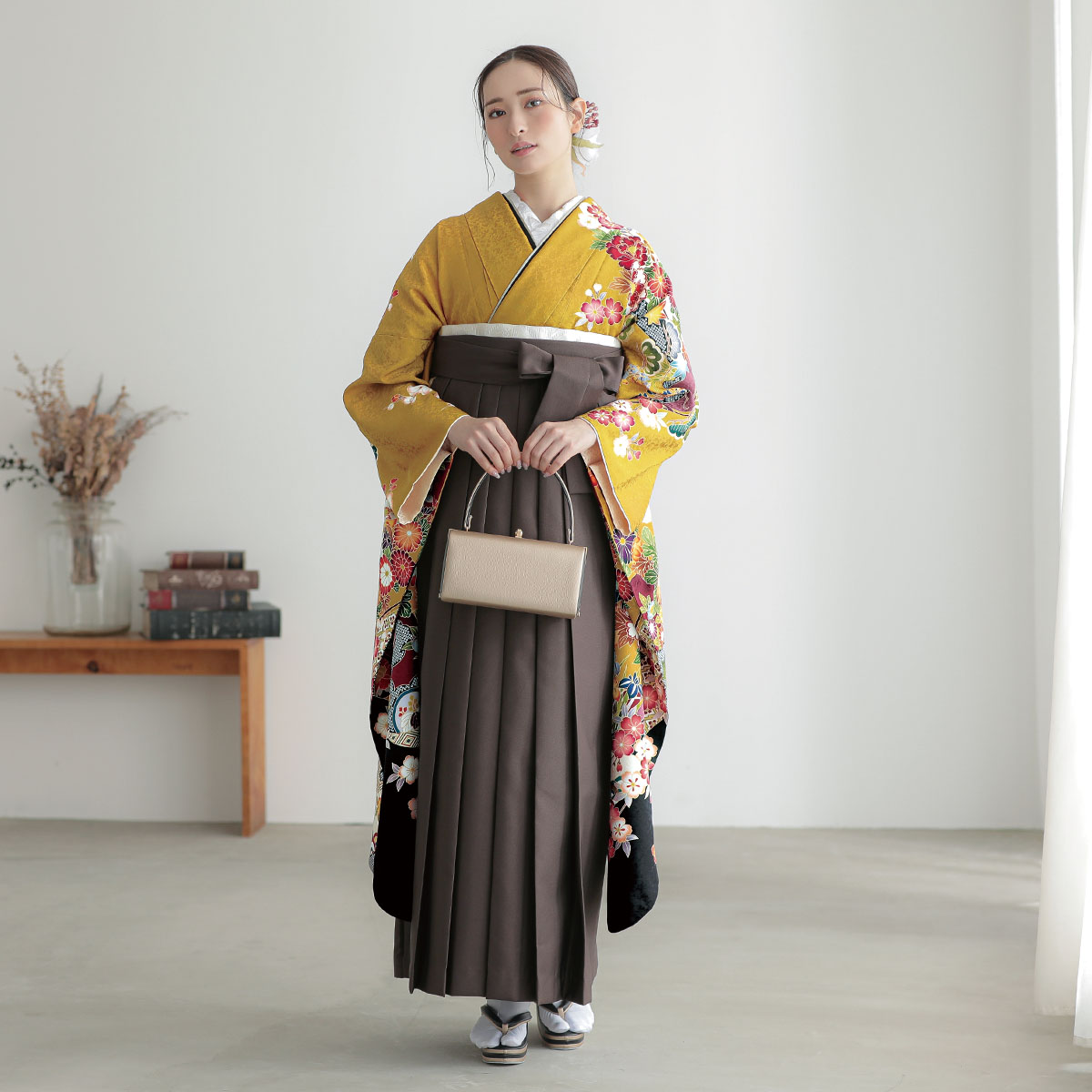  山吹色　牡丹に花籠 レンタル 振袖袴 R2112