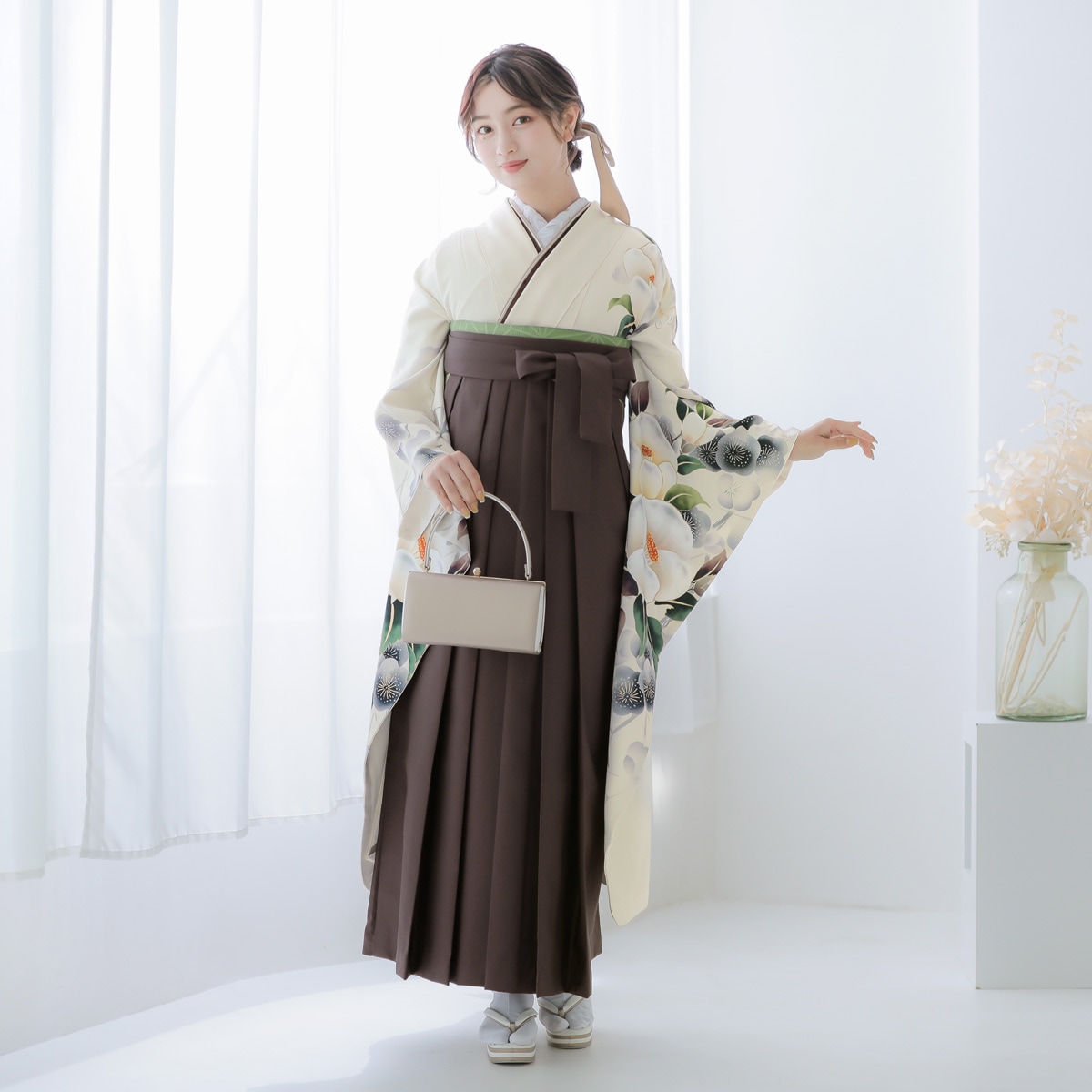 東京レトロ 【SALE】 クリーム　椿に梅 レンタル 振袖袴 R2103