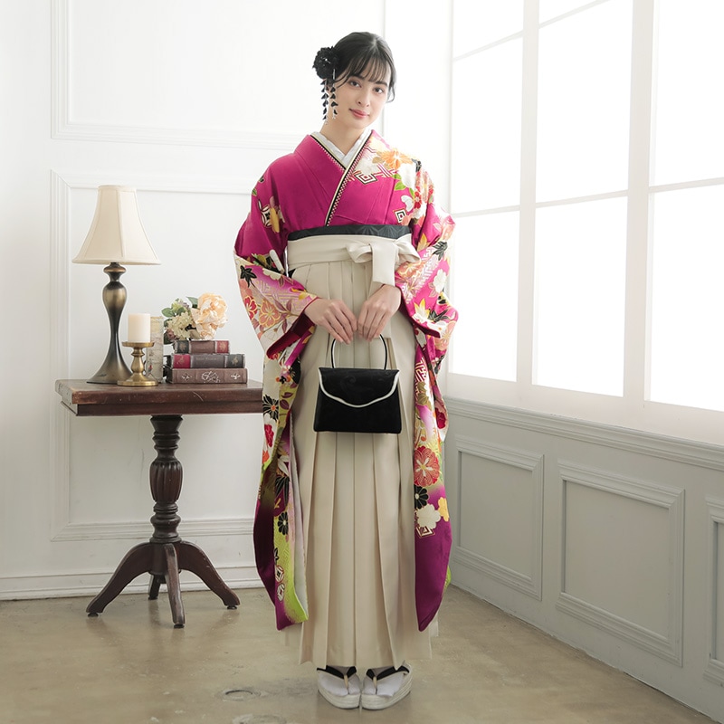  【SALE】 赤紫×白　毬に桜菊梅松 絹  R1813 レンタル 振袖袴 R2095