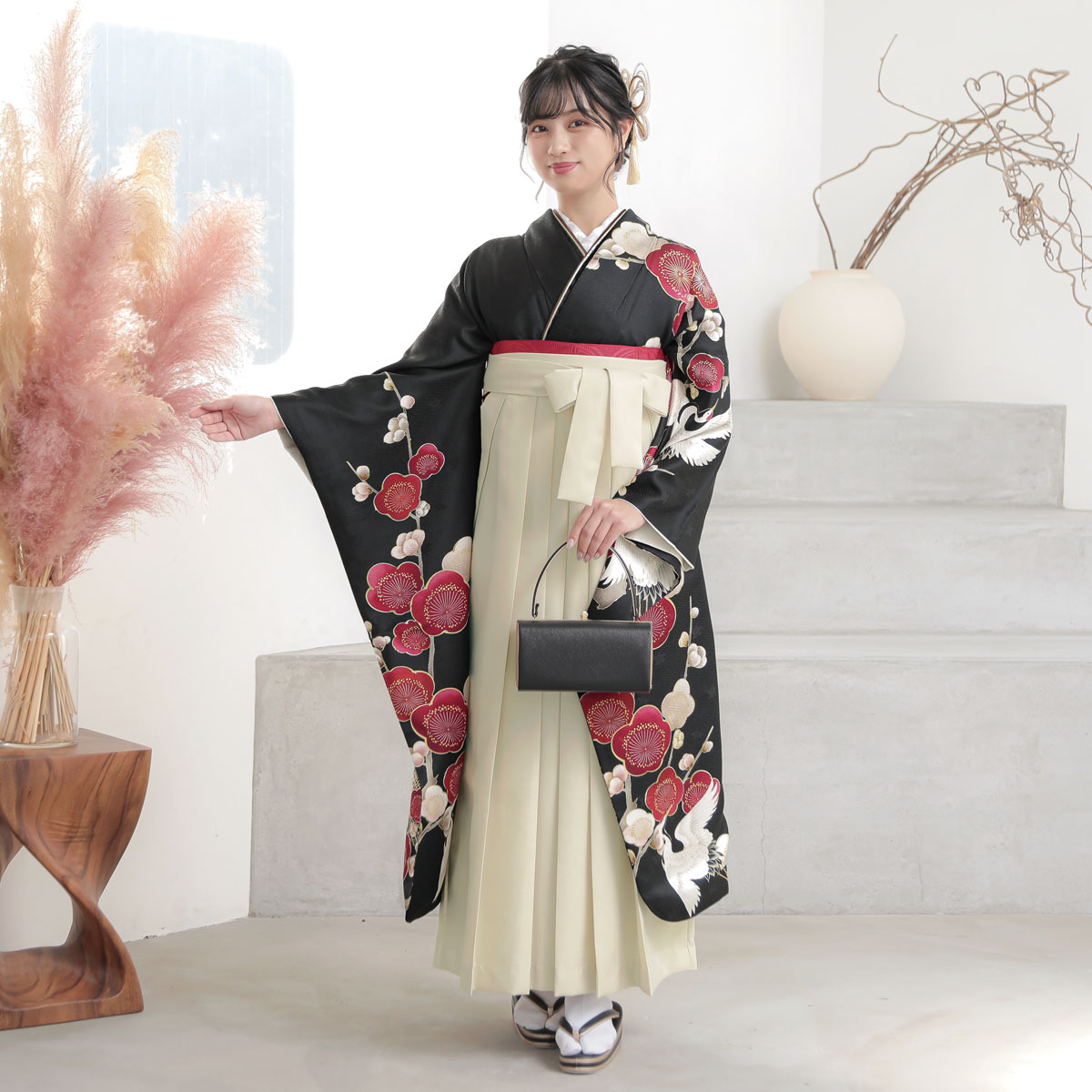  【SALE】 黒　松梅に鶴 レンタル 振袖袴 R2089