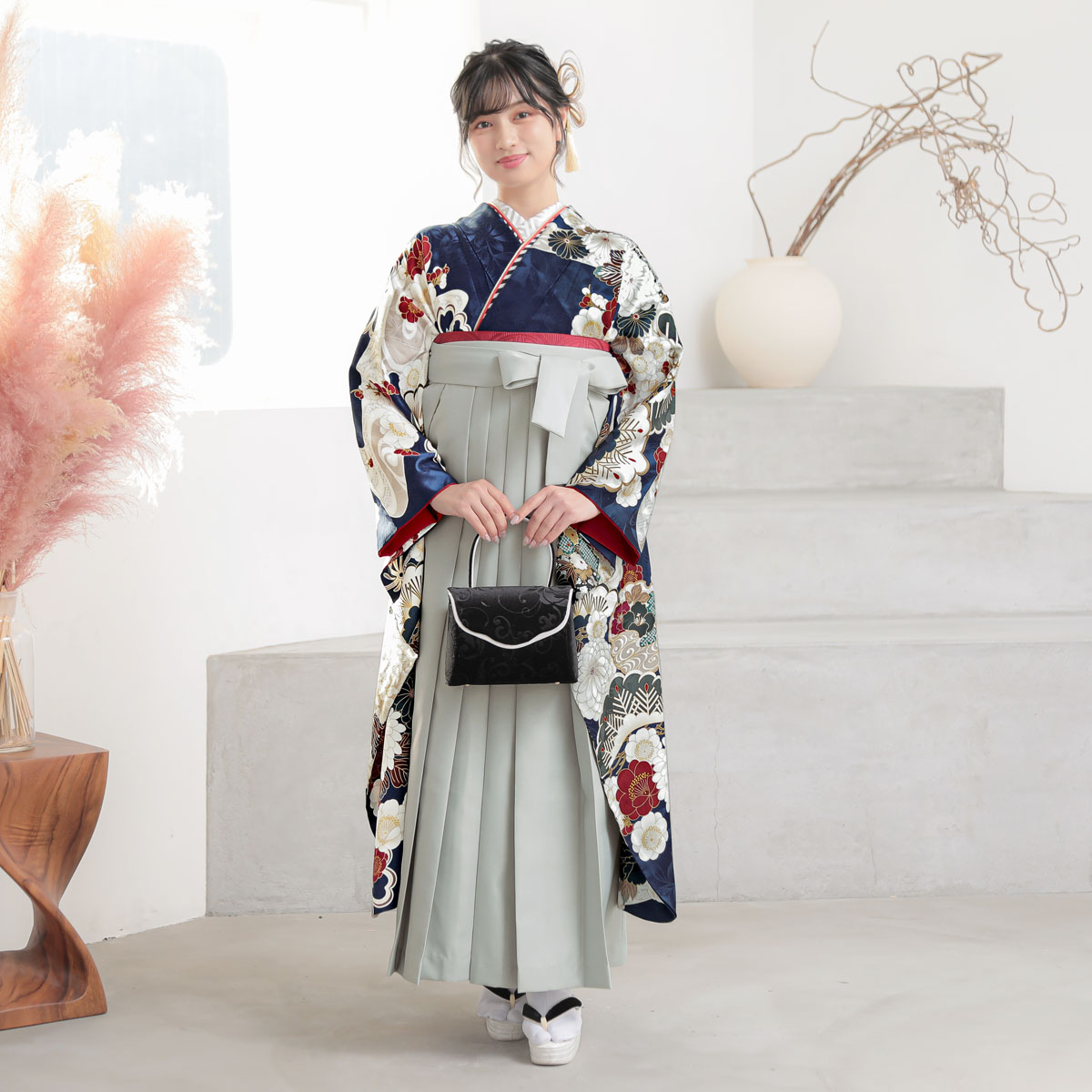  濃紺　流水菊牡丹 レンタル 振袖袴 R2088