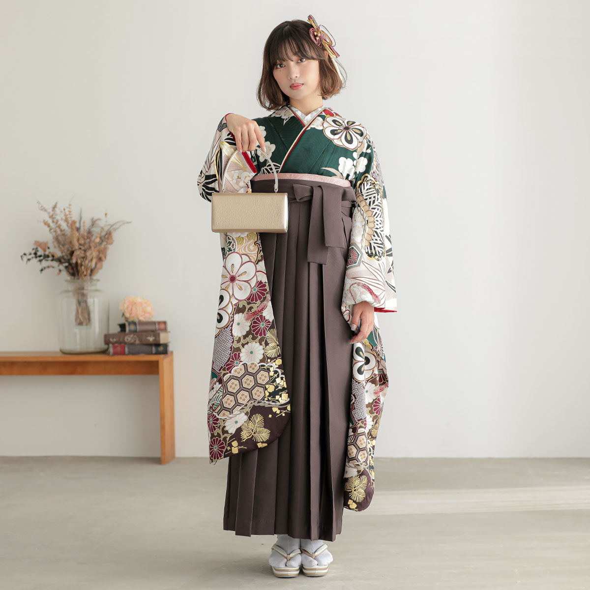  深緑　松竹梅　雪輪に鈴 レンタル 振袖袴 R2087