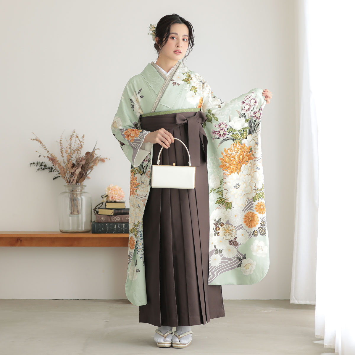  アイスグリーン　流水菊牡丹 レンタル 振袖袴 R2083