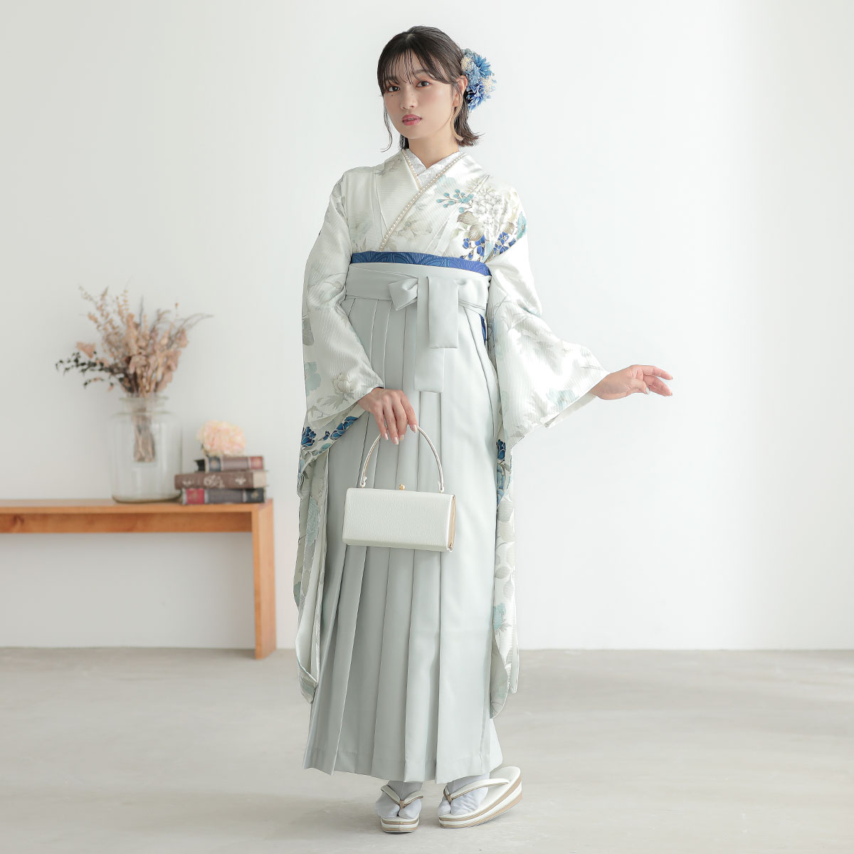  【SALE】 白　牡丹と花々 レンタル 振袖袴 R2080