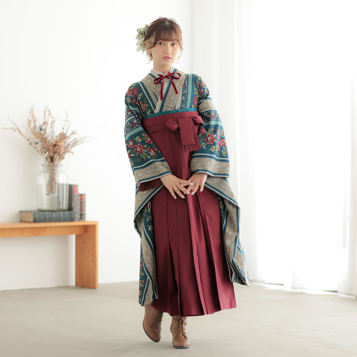 和風館 ブルー　ゴブラン織調薔薇 レンタル 振袖袴 R2073