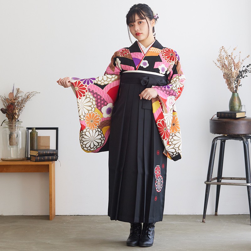  【SALE】 黒　菊梅模様 レンタル 大学生袴 G871