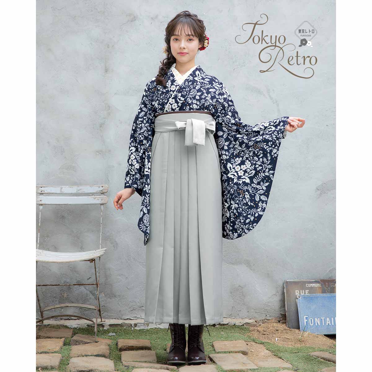 東京レトロ 【SALE】 紺　草花に小鳥 レンタル 大学生袴 G998