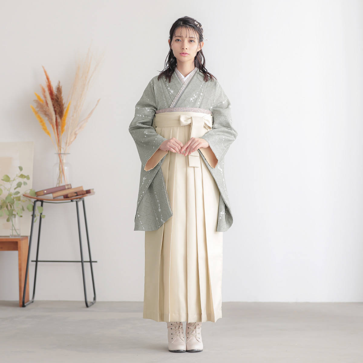  【SALE】 利休鼠　星くずに七宝 レンタル 大学生袴 G1033