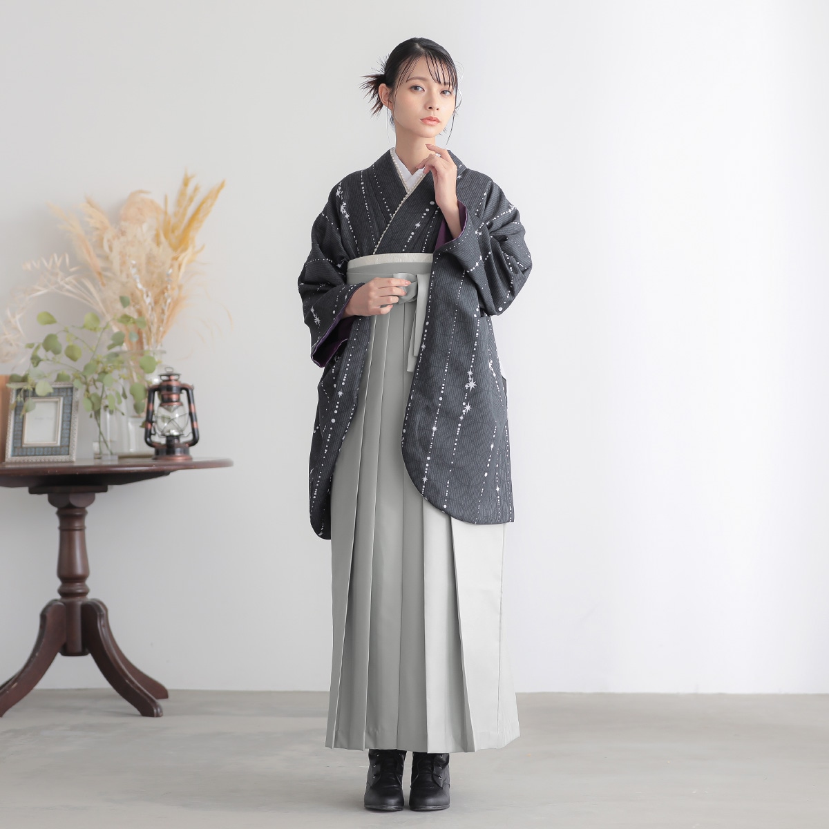  【SALE】 墨黒　星くずに七宝 レンタル 大学生袴 G1032