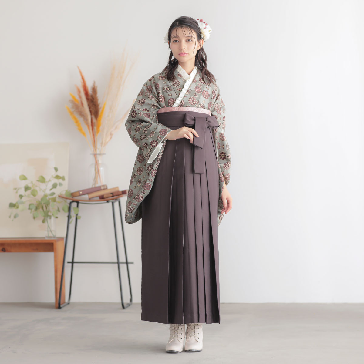  【SALE】 灰釉　丸花更紗に菱 レンタル 大学生袴 G1030